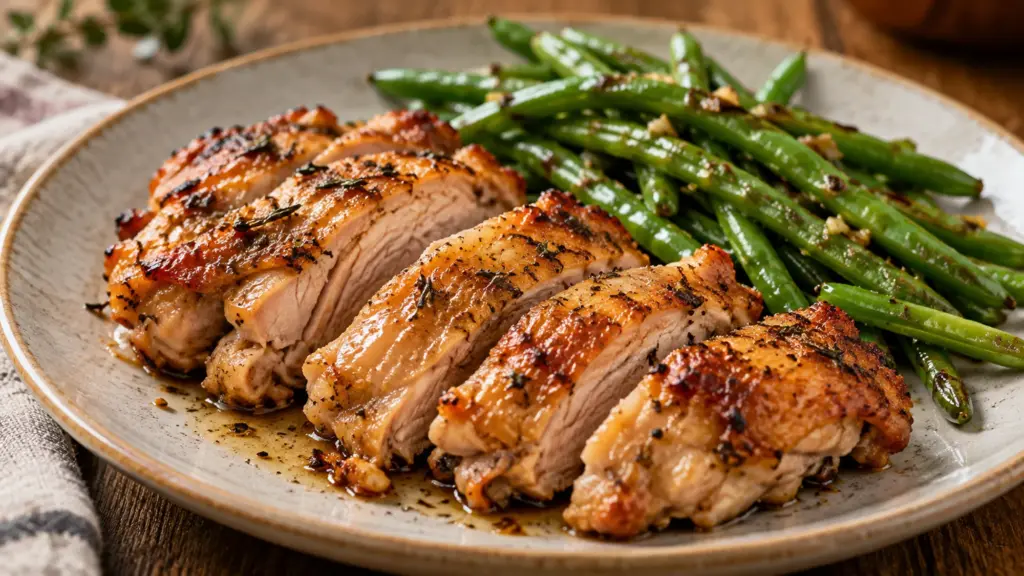 Roasted chicken thigh meat sliced beside green beans