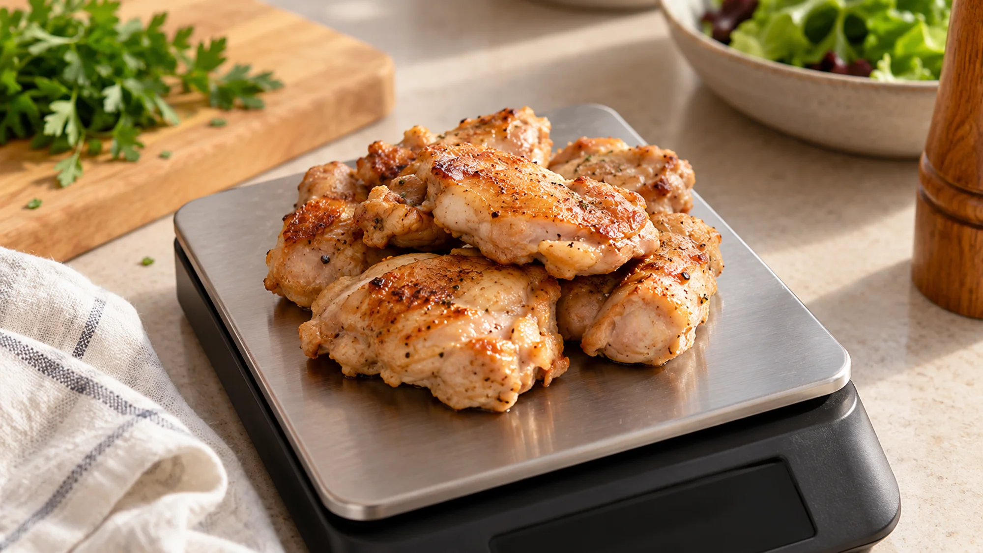 Cooked boneless chicken thigh portions on a kitchen scale