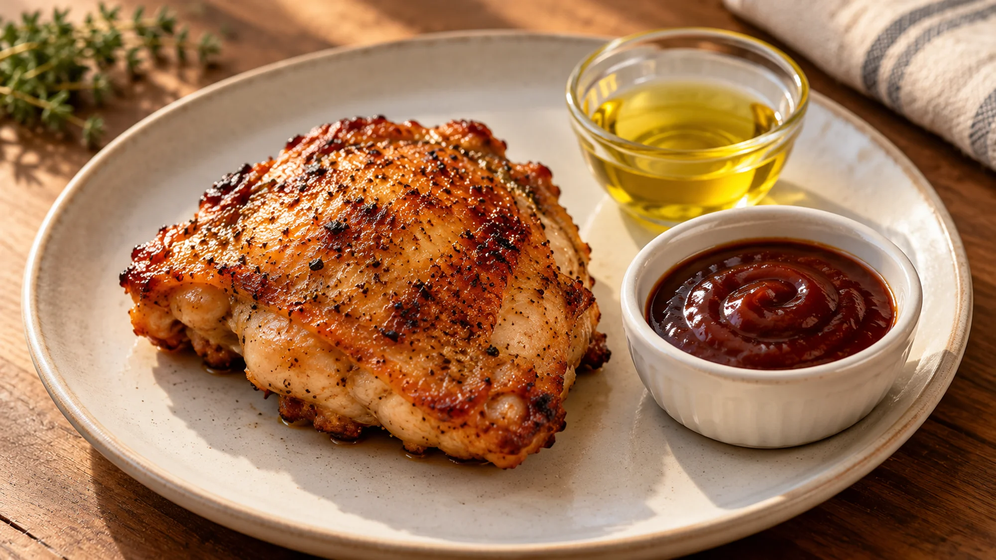 Roasted chicken thigh beside separate dishes of barbecue sauce and oil