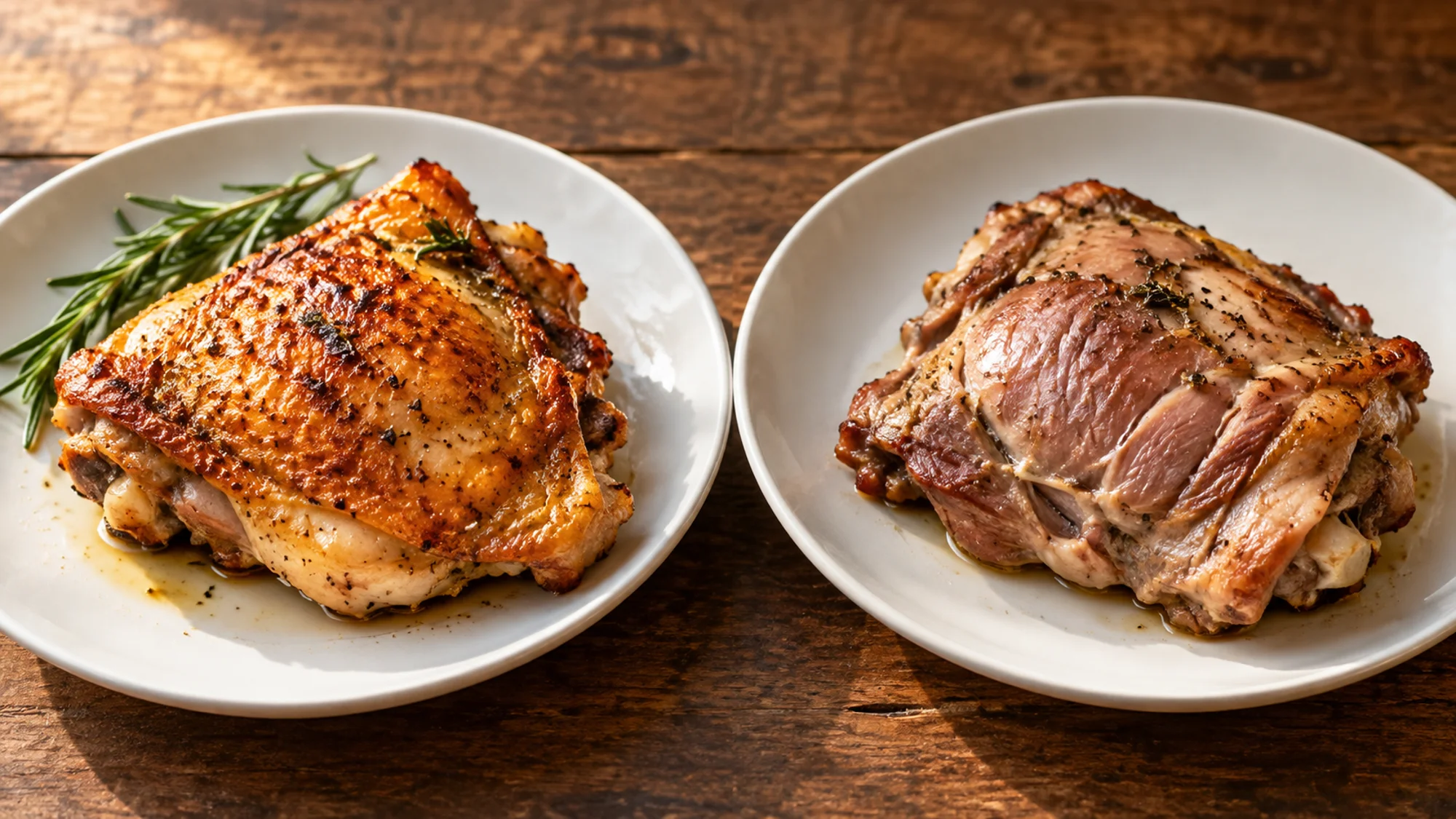 Roasted chicken thighs with and without skin on separate plates