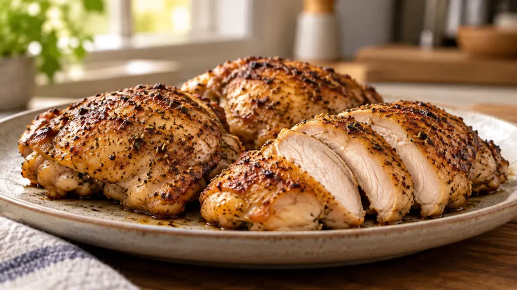 Chicken thigh nutrition guide showing roasted thighs with a sliced portion