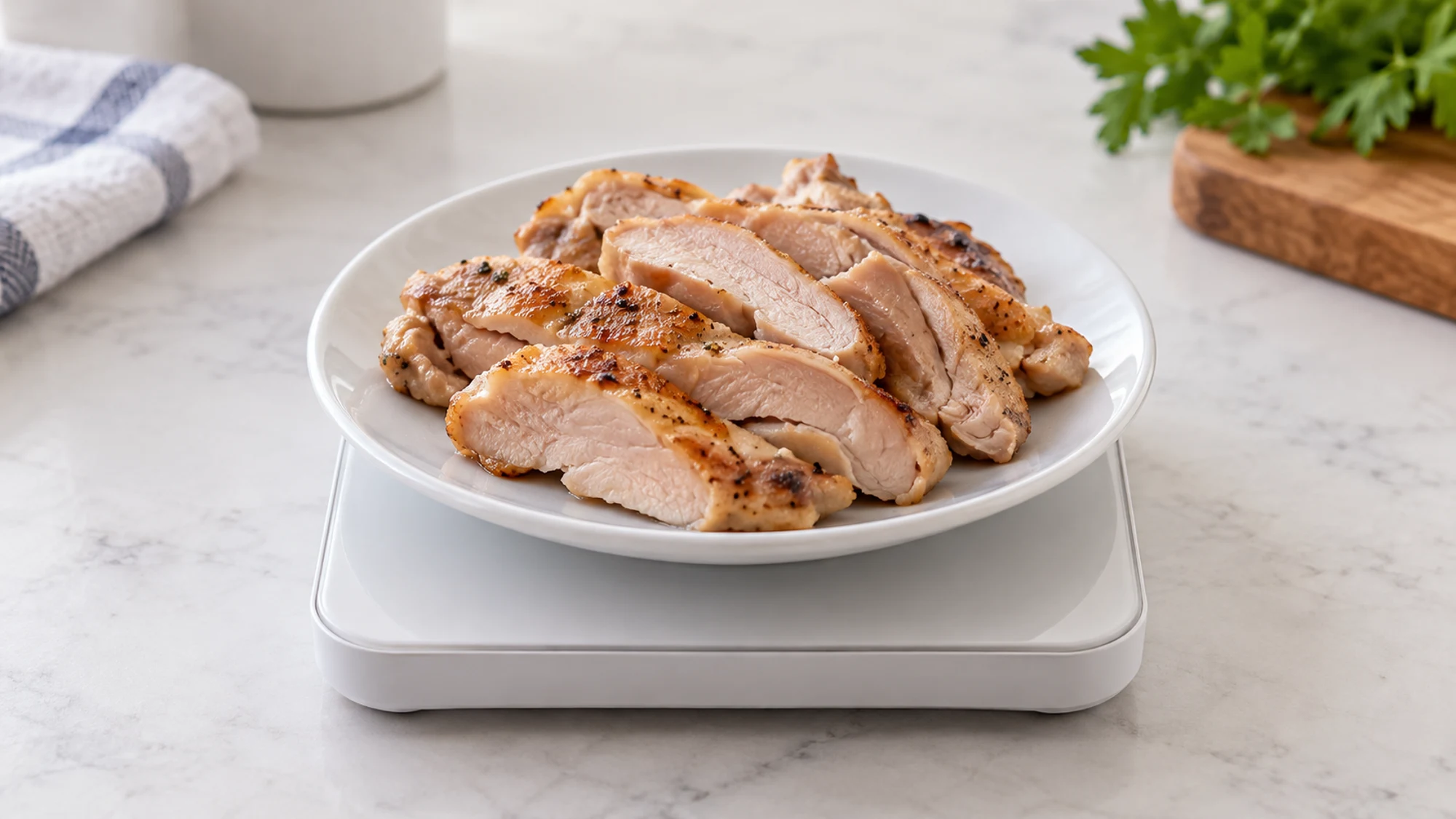 Chicken thigh nutrition portion of cooked meat on a kitchen scale