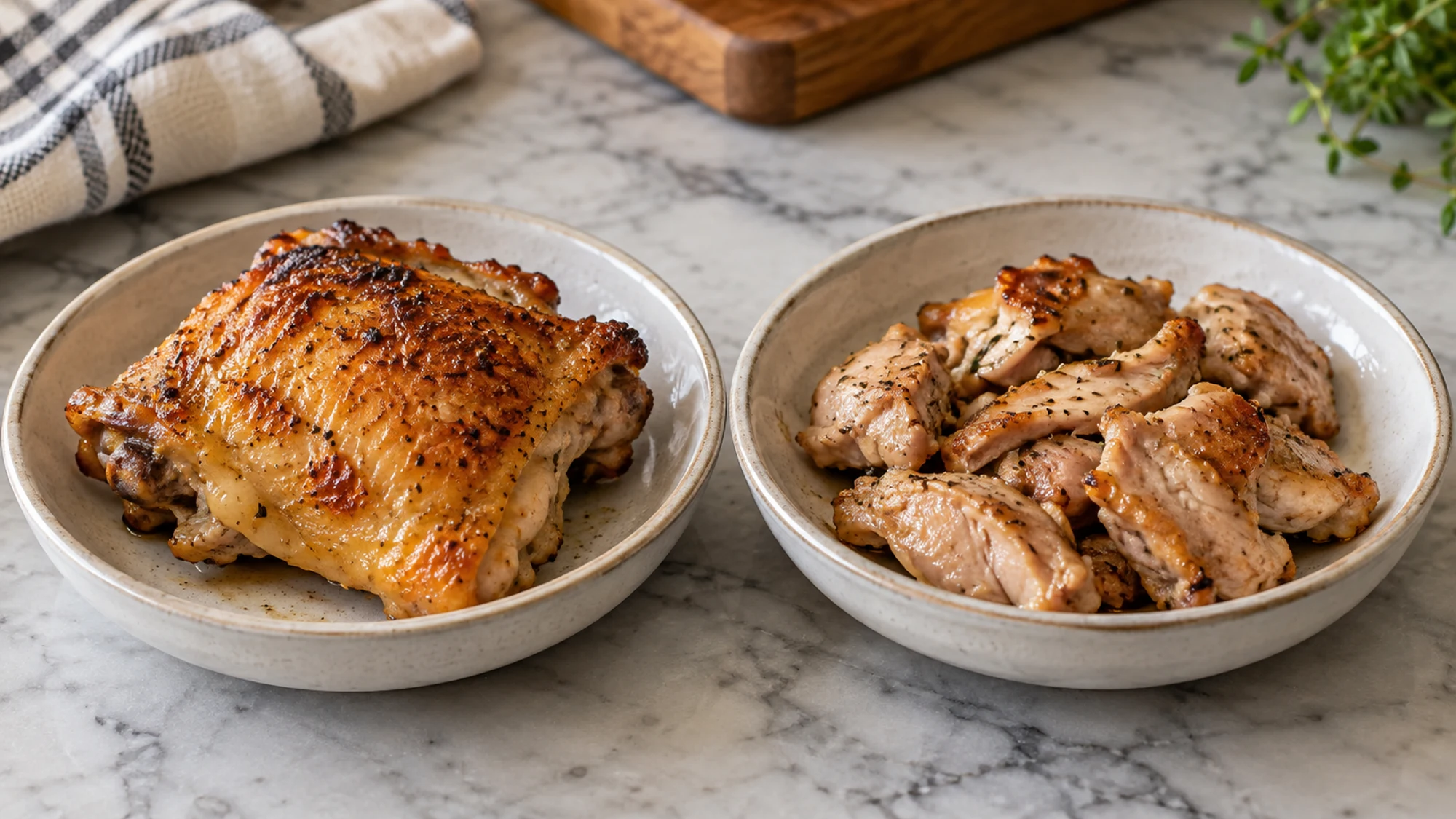 Chicken thigh nutrition comparison of skin-on and skinless cooked portions