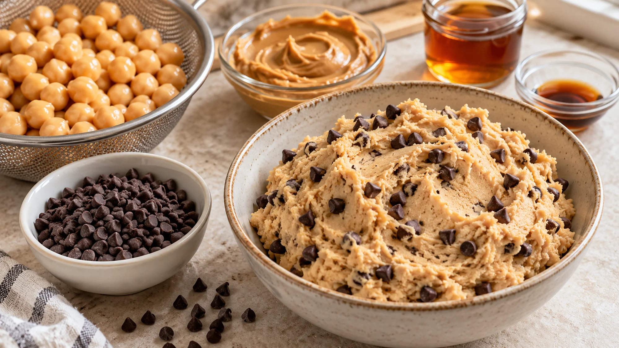 Chickpea cookie dough ingredients including cooked chickpeas, peanut butter and maple syrup