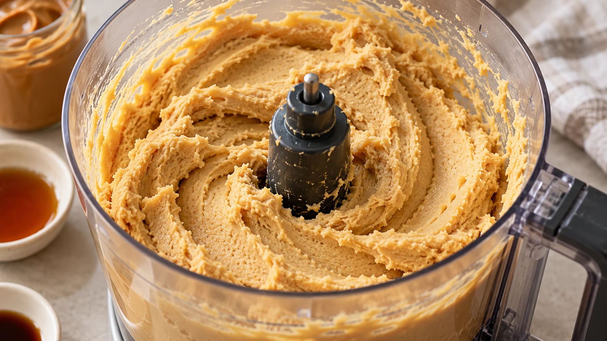 Chickpea cookie dough blended smooth in a food processor