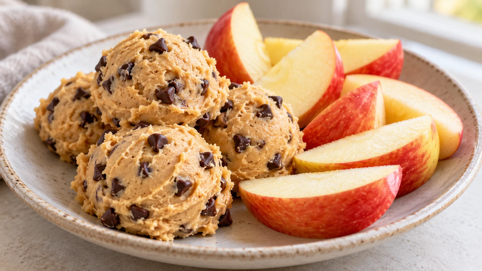 Chickpea cookie dough scoops served with apple wedges