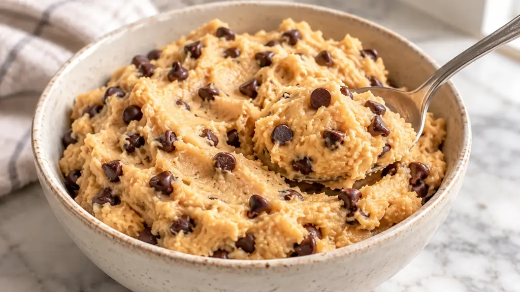 Chickpea cookie dough with mini chocolate chips in a bowl