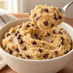 Chickpea cookie dough lifted on a spoon