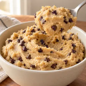 Chickpea cookie dough lifted on a spoon