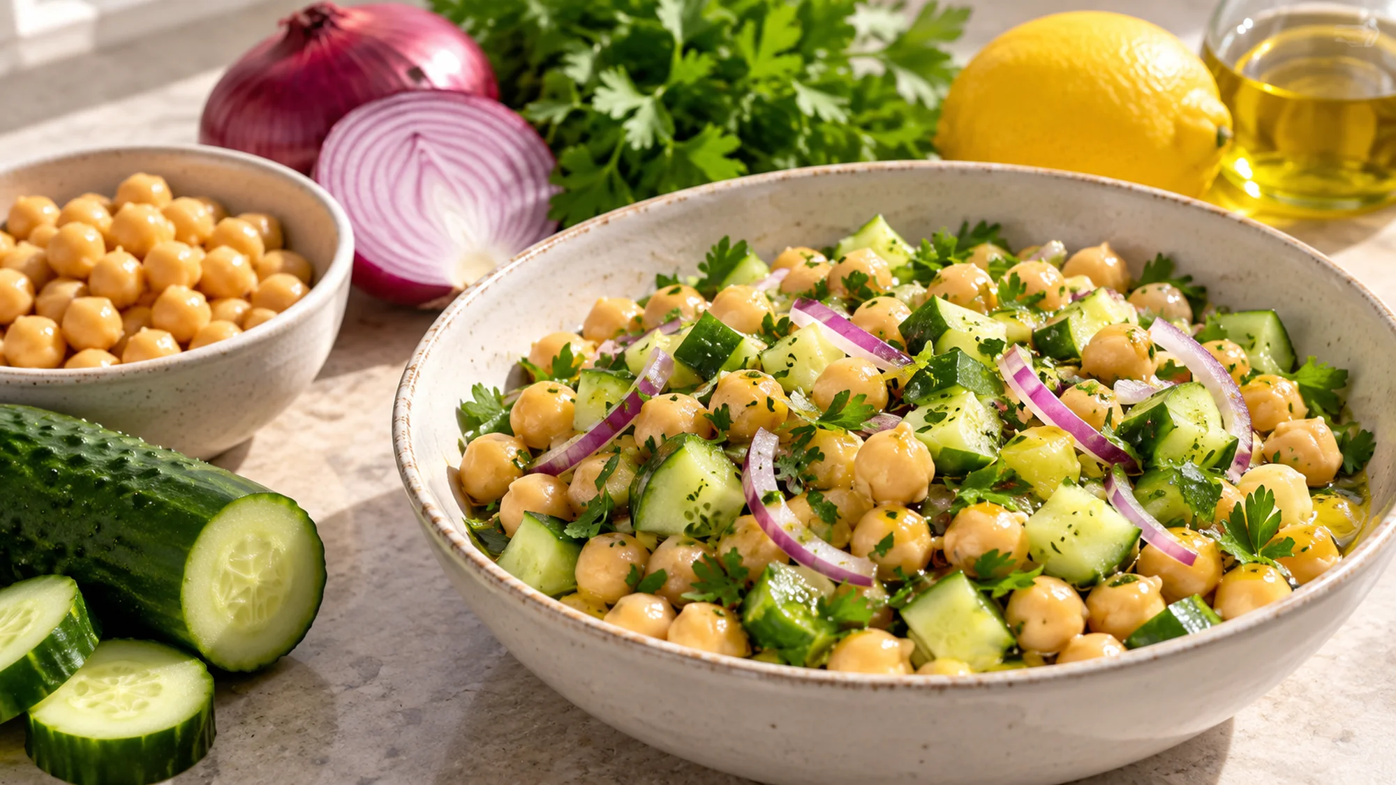 Chickpea cucumber salad ingredients and freshly tossed bowl