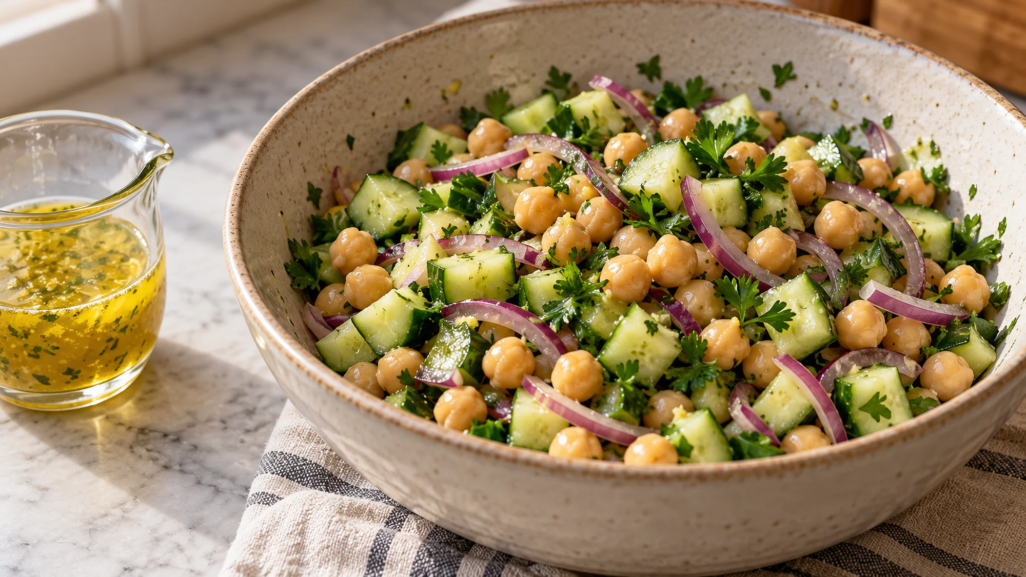 Chickpea cucumber salad beside lemon and olive oil dressing