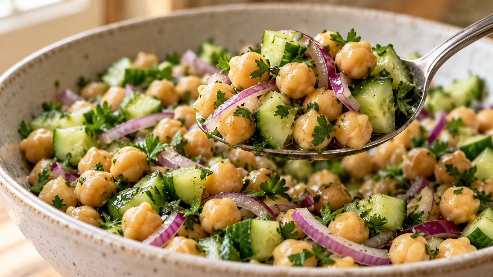 Chickpea cucumber salad lifted on a serving spoon