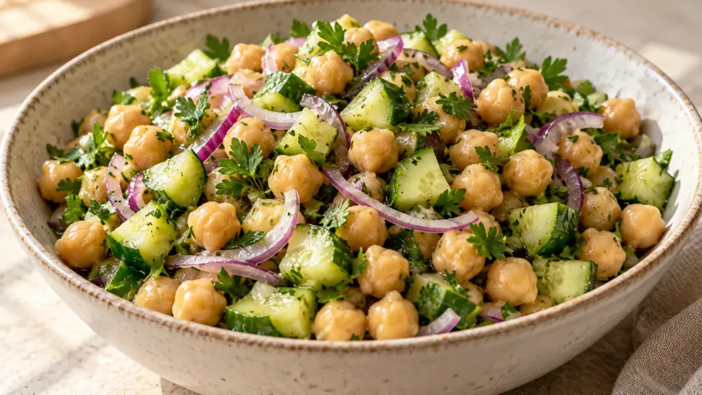 Chickpea cucumber salad with red onion and parsley