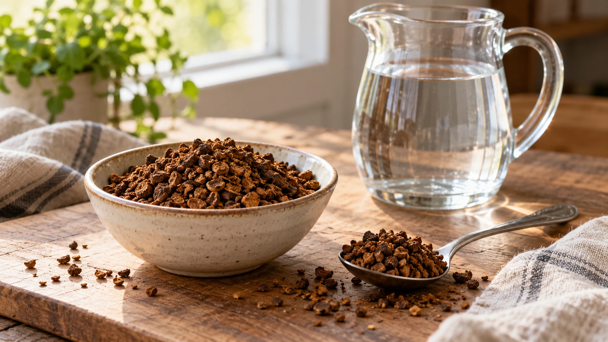 Roasted chicory root granules and water for chicory coffee