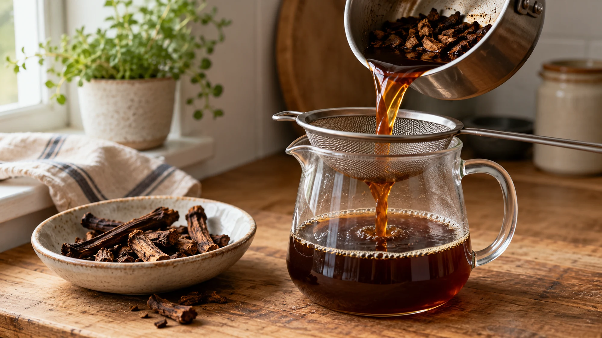 Chicory coffee being strained into a heatproof jug