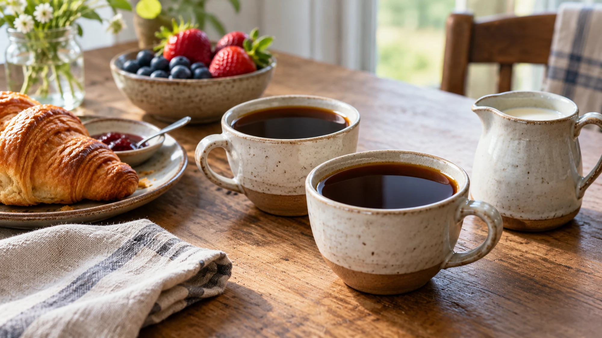 Two cups of chicory coffee with optional milk served separately