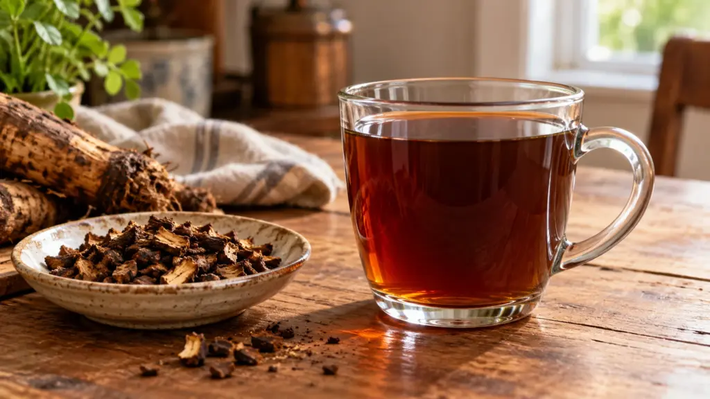 Chicory coffee brewed from pure roasted root in a glass cup