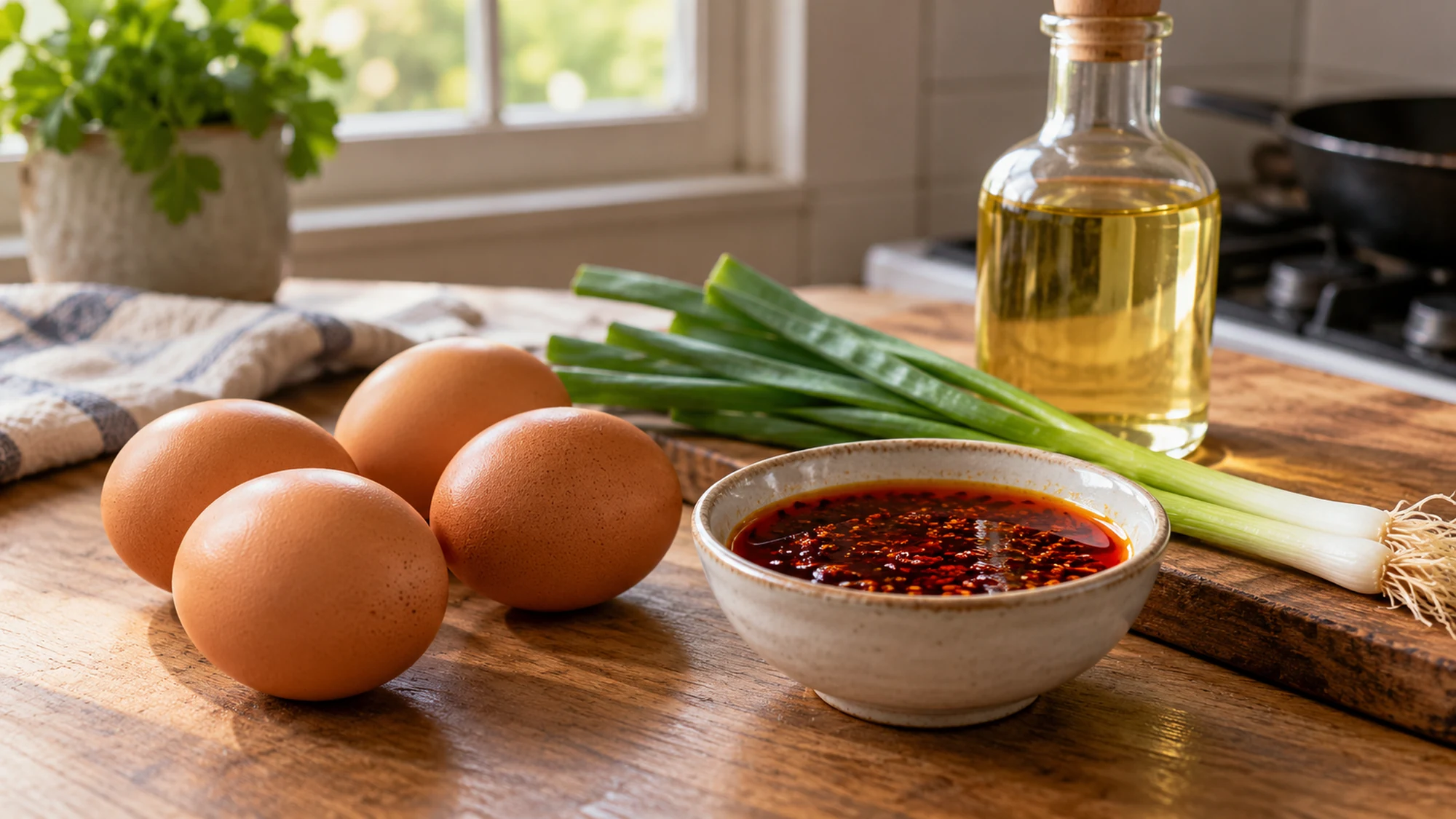 Eggs, chili oil, neutral oil and scallions for chili oil eggs