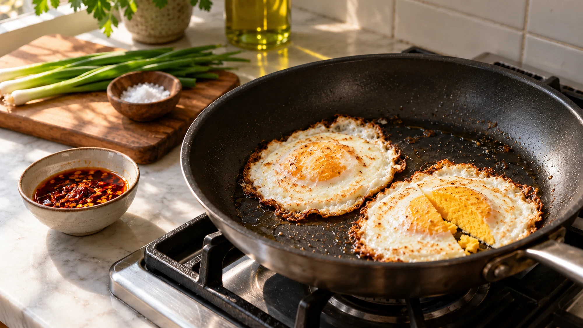Chili oil eggs cooking until firm before their finishing oil