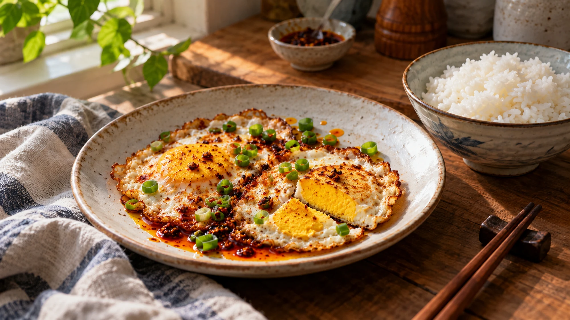 Chili oil eggs served with scallions and rice on the side