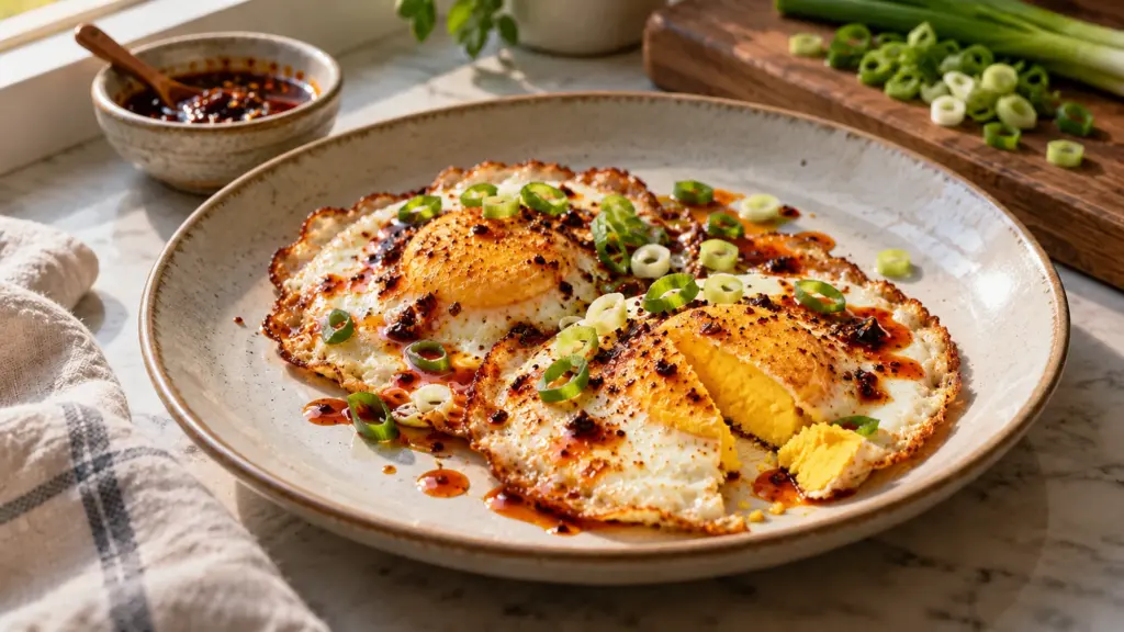 Chili oil eggs with firm cooked yolks and scallions