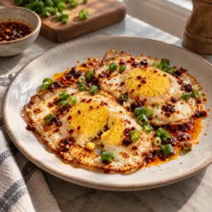Chili oil eggs with fully cooked yolks and a spicy finish