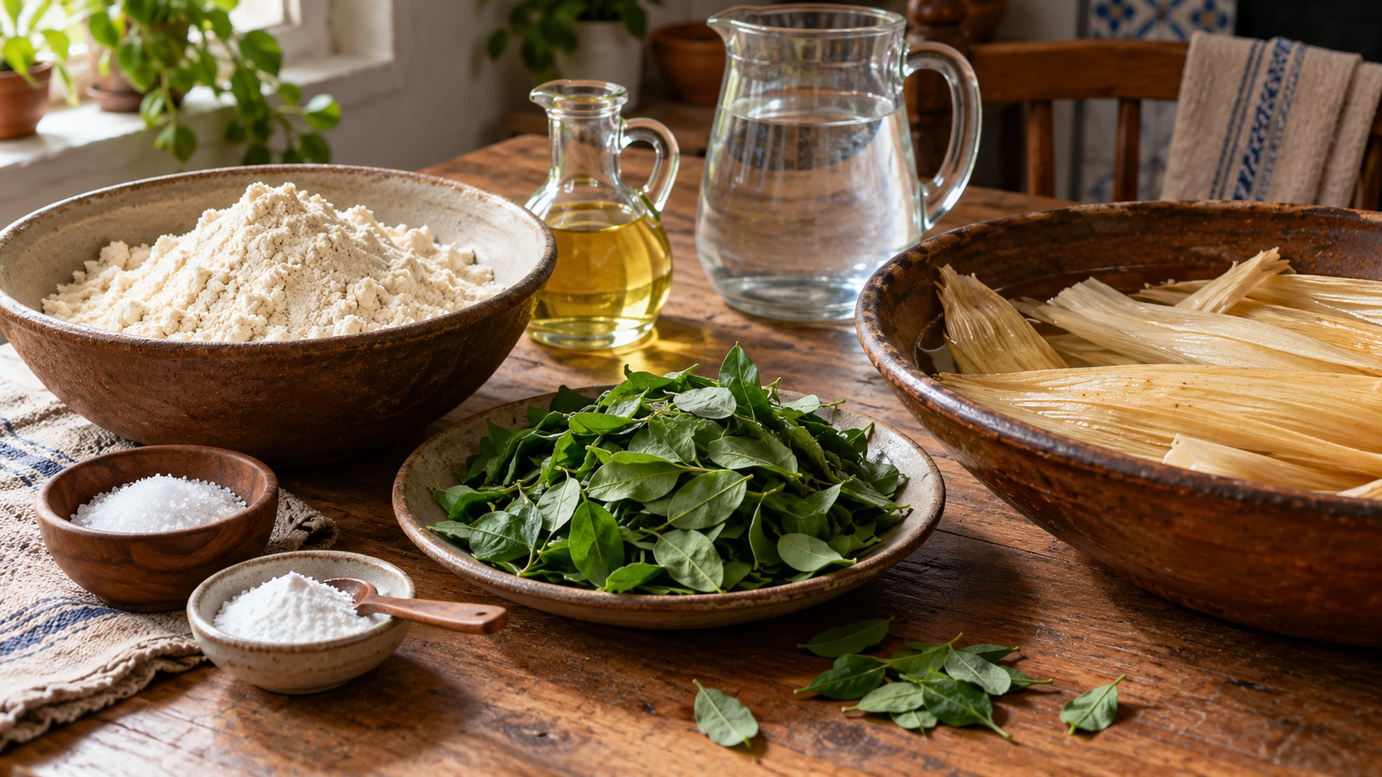 Masa harina, chipilín leaves and wrappers for chipilín tamales