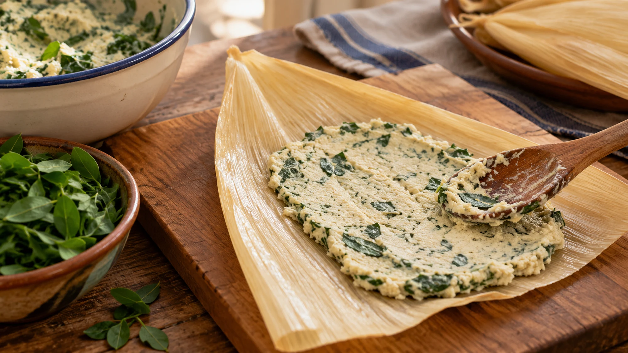 Soft green-flecked masa spread onto a husk for chipilín tamales