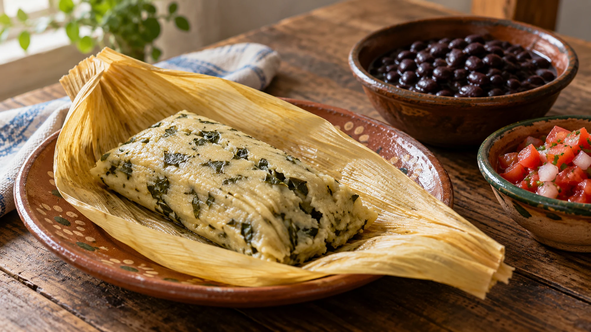 Chipilín tamales served with black beans and tomato salsa