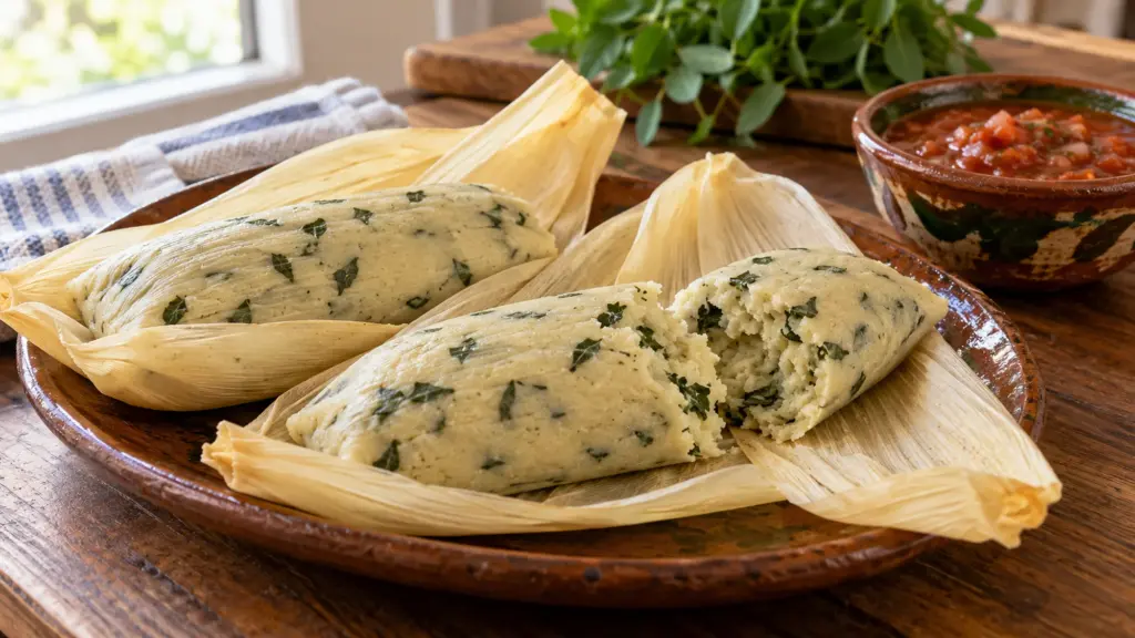 Chipilín tamales with green-flecked masa in opened corn husks