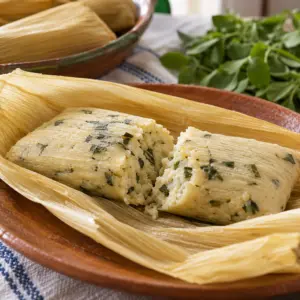 Chipilín tamales split to show tender herb-flecked masa