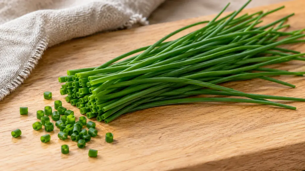 Fine green chives with hollow cut ends and a few snipped rings on a wooden board