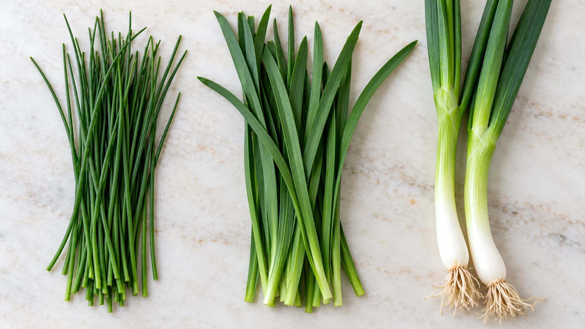 Common chives on the left, flat garlic chives in the center, and larger scallions on the right