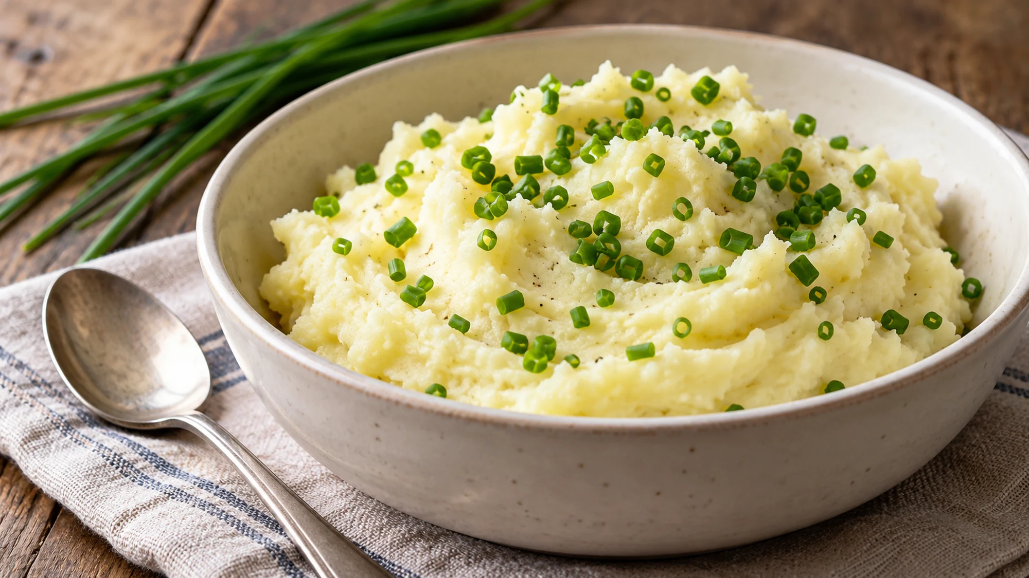 Snipped chives scattered over a cream bowl of mashed potatoes