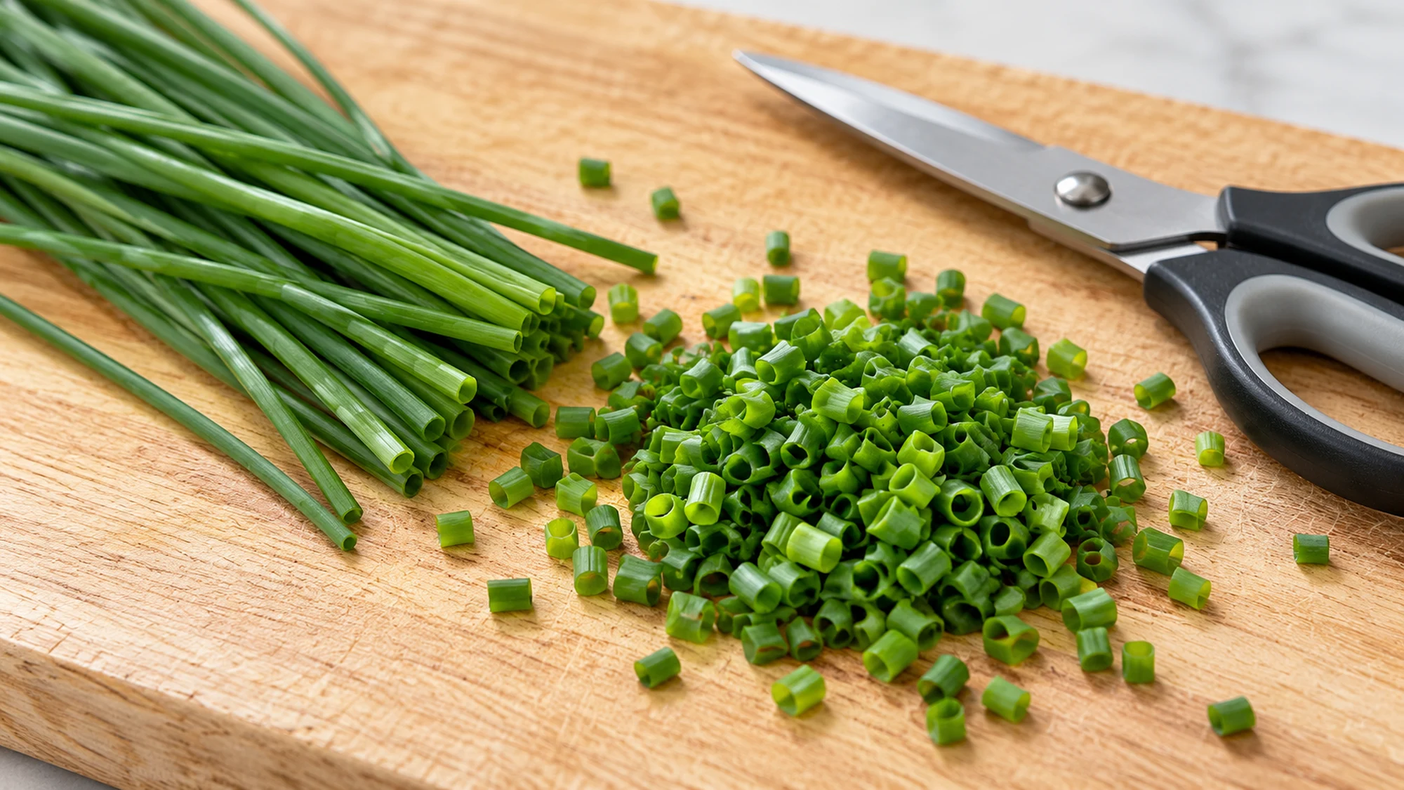 Tiny green chive rings beside whole chives and clean kitchen scissors