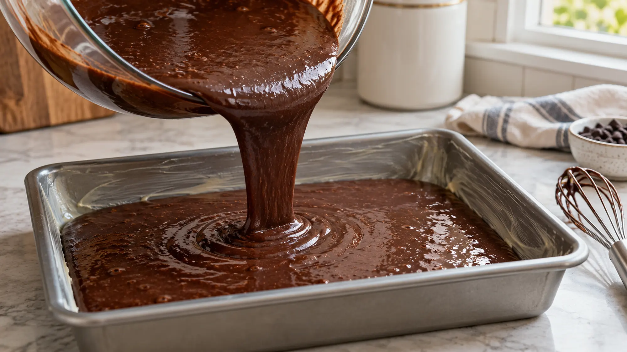 Chocolate cake recipe batter poured into a rectangular pan