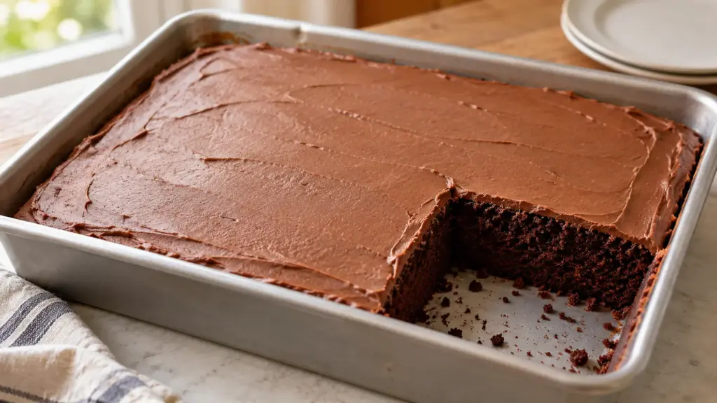 Chocolate cake recipe baked in a rectangular pan with cocoa frosting