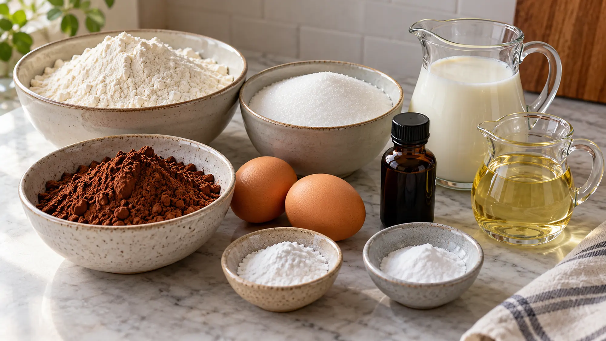 Chocolate cake recipe ingredients with cocoa, flour, eggs, milk and oil