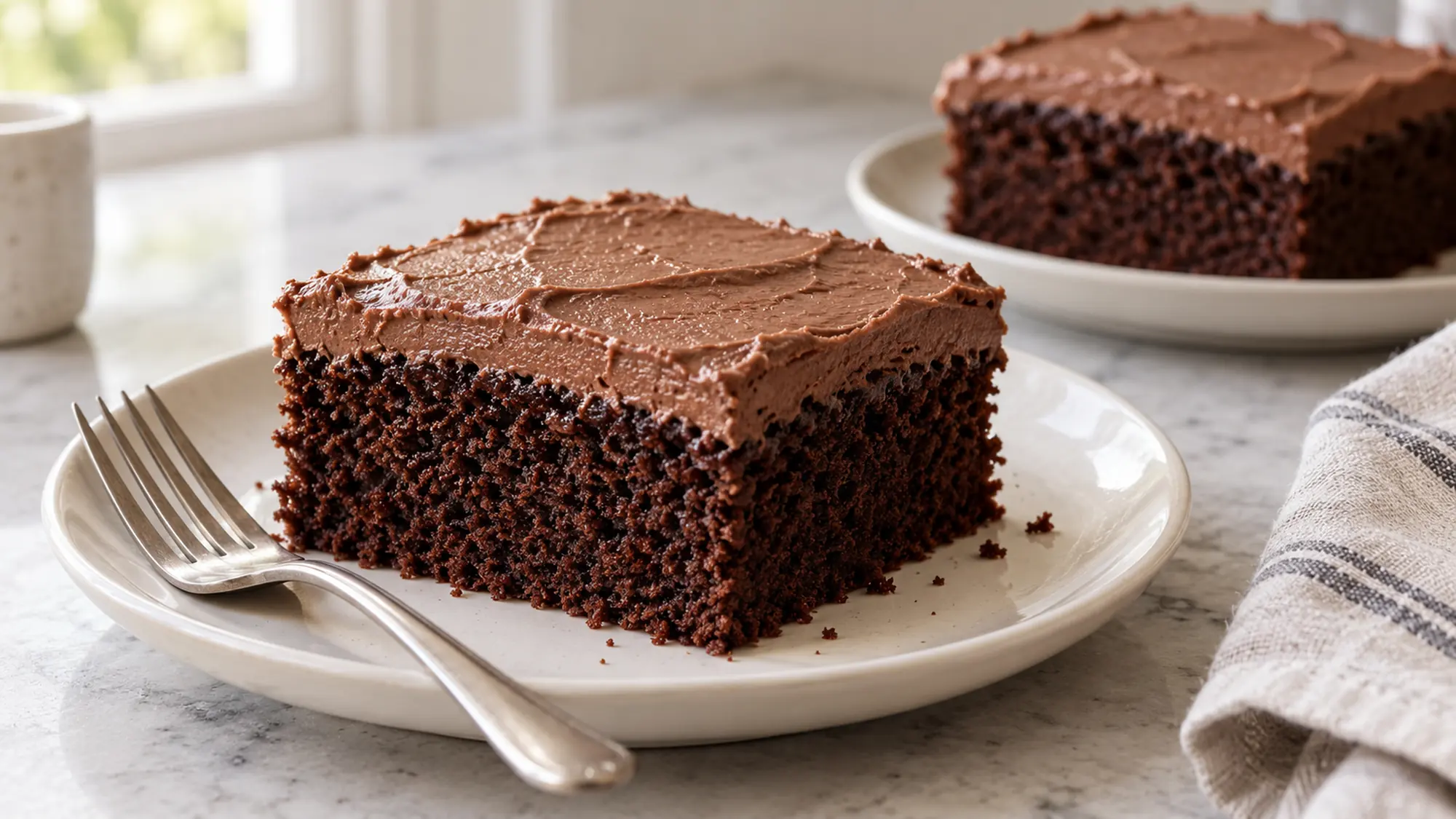 Chocolate cake recipe served as frosted square slices