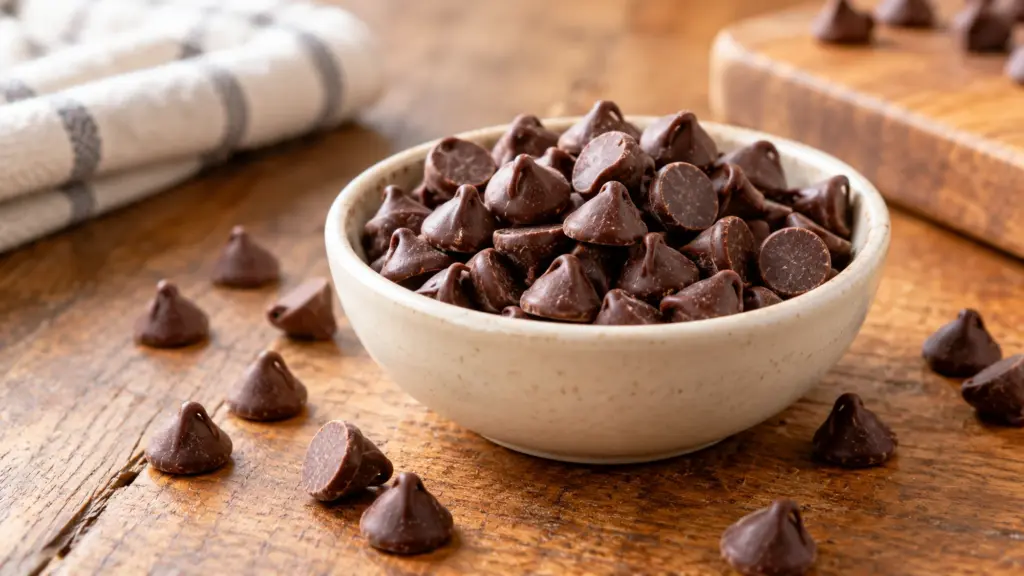 Semisweet chocolate chips with pointed tops in a cream ceramic bowl.