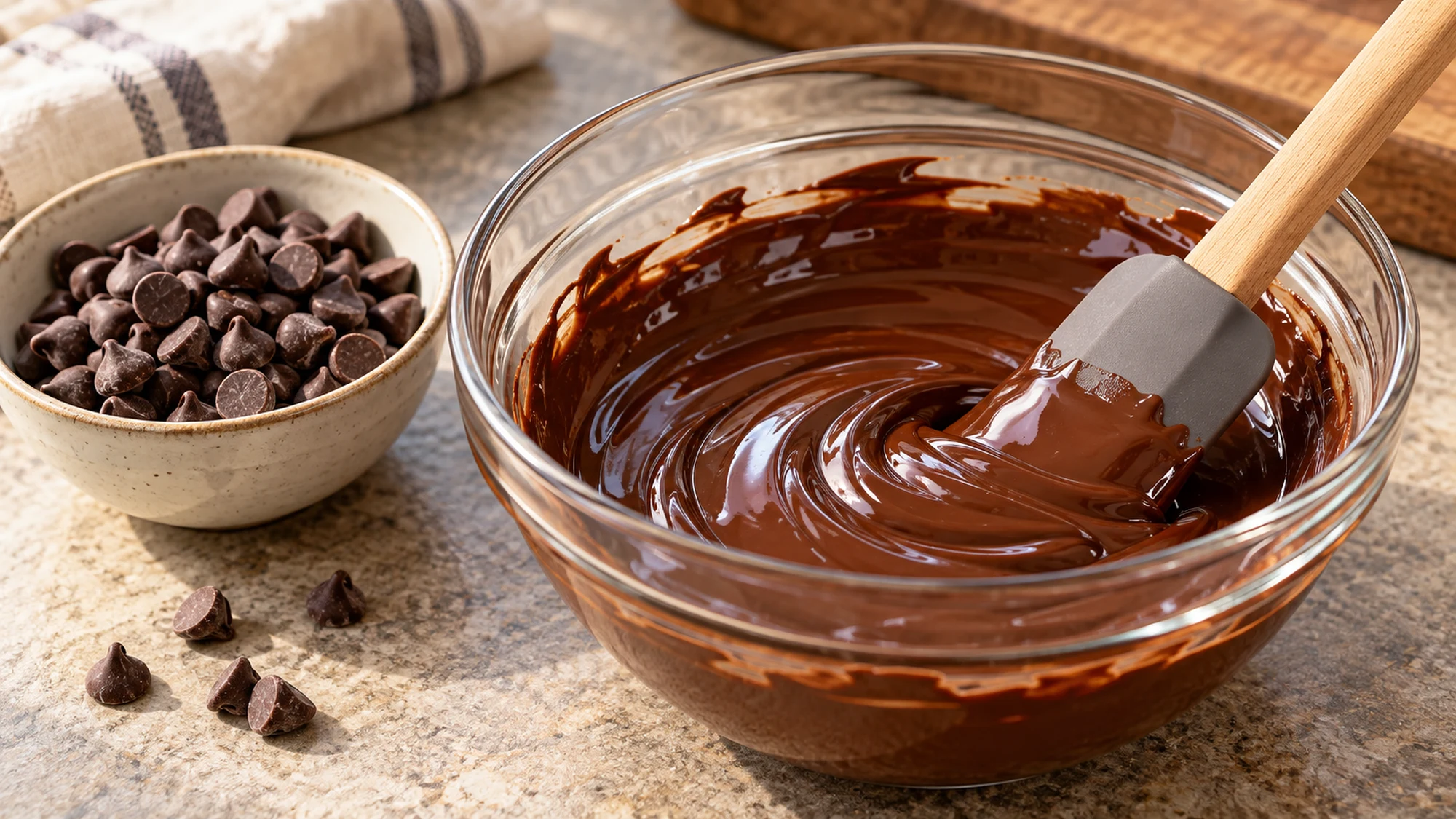 Smooth melted chocolate in a glass bowl beside a bowl of chocolate chips.