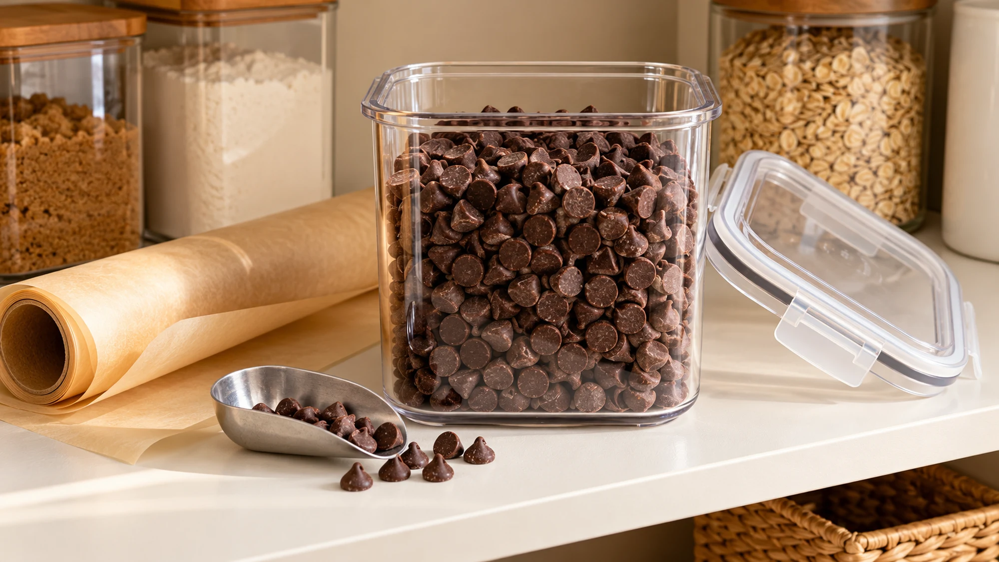 Chocolate chips in a clear pantry container with its lid set beside it.