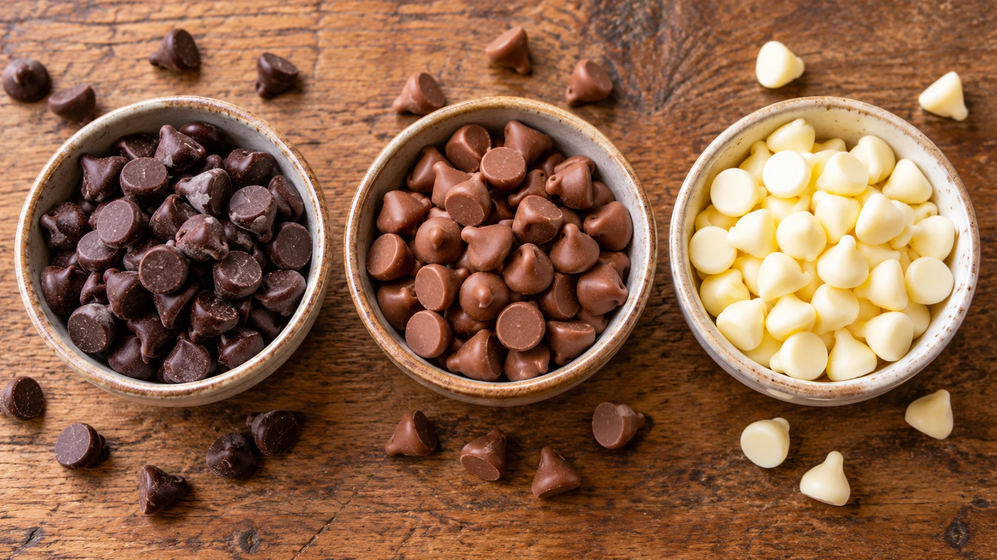 Three bowls containing dark, milk-colored and ivory baking chips.