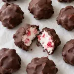 Chocolate strawberry yogurt clusters with thin chocolate shells and berry centers