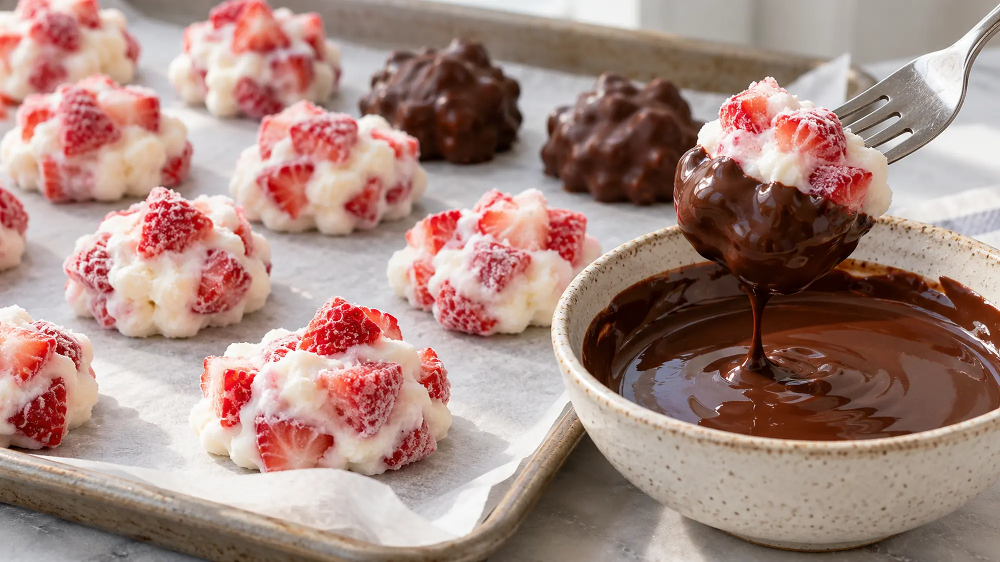 Chocolate strawberry yogurt clusters being dipped in melted chocolate
