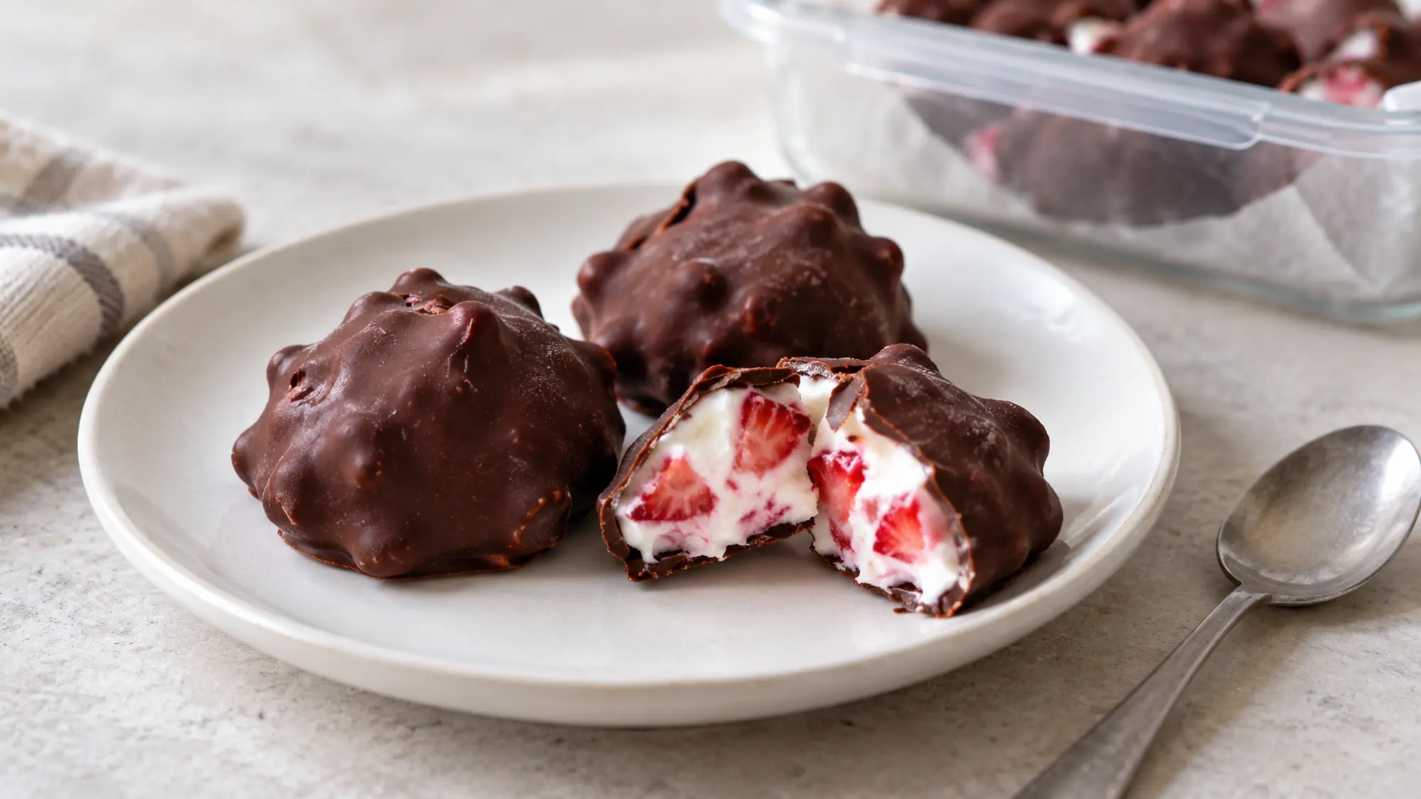 Chocolate strawberry yogurt clusters served beside a storage container