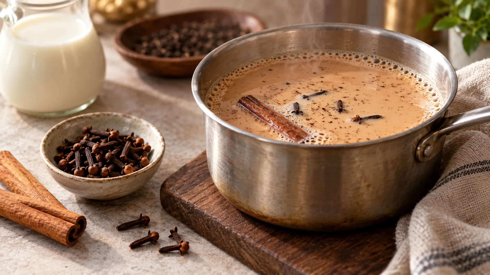Cloves and cinnamon in a saucepan of milk tea