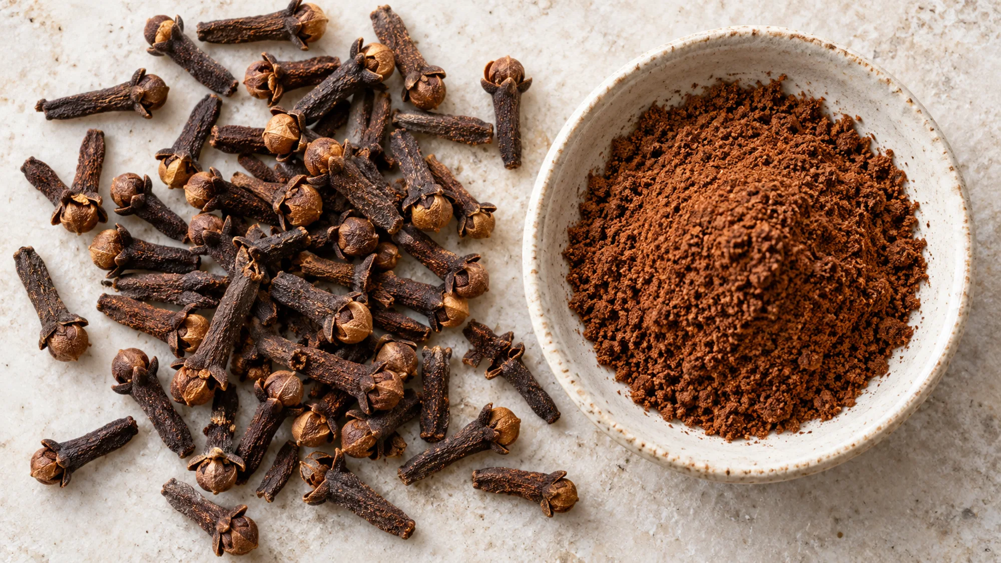 Whole cloves beside finely ground cloves