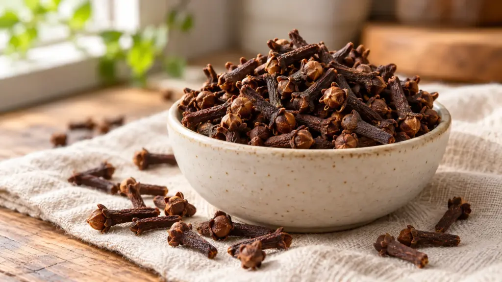 Whole cloves in a ceramic bowl