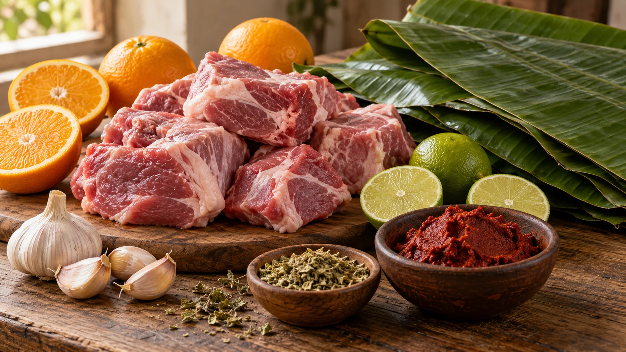 Pork, achiote, citrus and banana leaves for cochinita pibil